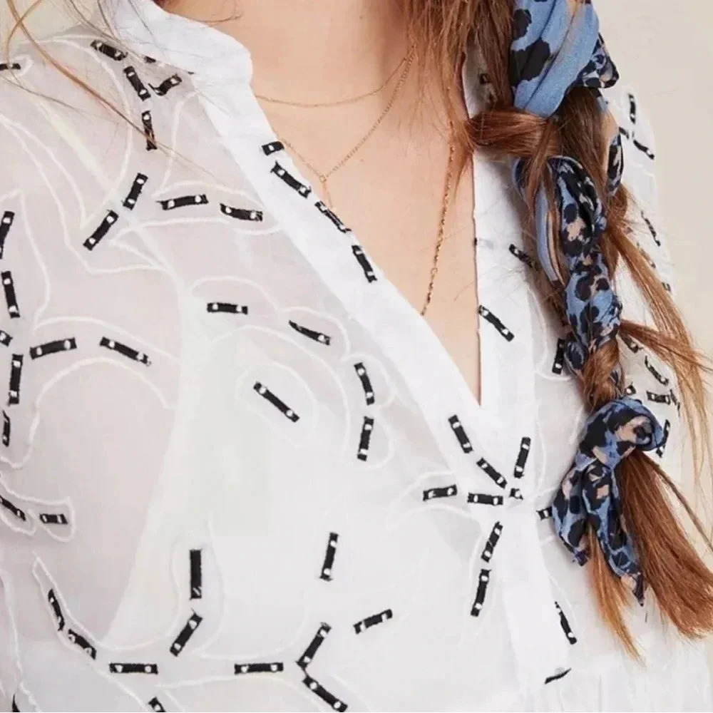 Amit Aggarwal Anthropologie Ramona Embroidered White Babydoll Top SIZE XSMALL - Picture 3 of 13